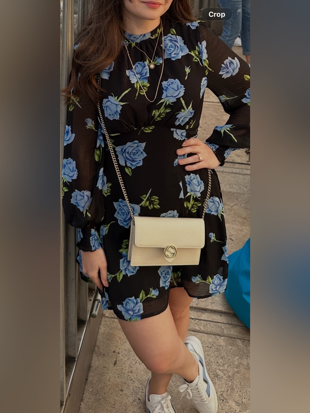 Free People Black Mini Dress with Blue Rose Print
